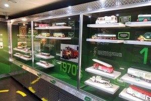 The mobile museum was categorized by each decade, showcasing the Hess Toy Truck sold each year for the past 50 years.