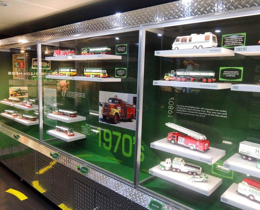 The mobile museum was categorized by each decade, showcasing the Hess Toy Truck sold each year for the past 50 years.